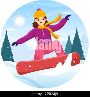 Snowboard con persone che scivolano e saltano sul lato Snowy Mountain o Slope Inside Flat Cartoon modelli disegnati a mano Illustrazione Illustrazione Vettoriale