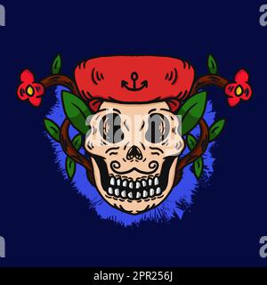 cranio disegnato a mano di un buon pirata di baffi Illustrazione Vettoriale