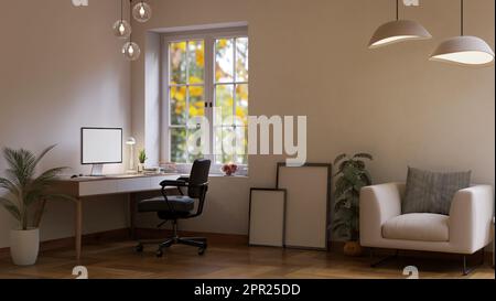 Moderno ufficio domestico con computer desktop con cancelleria su tavolo di legno, computer portatile. concetto di spazio di lavoro domestico. rappresentazione 3d, illustrazione 3d Foto Stock