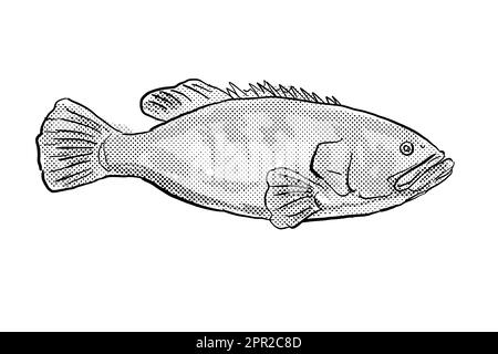 Disegno di linea in stile cartoon di un raggruppatore gigante Epinephelus lanceolatus, Queensland grouper, brindle grouper o bruno-chiazzato branzino un pesce endemico t Foto Stock