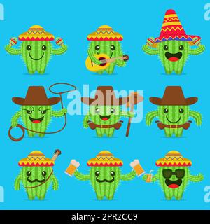 Carino set di personaggi Cartoon Cactus Illustrazione Vettoriale