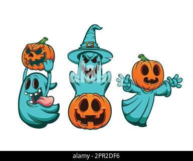 Set di fantasmi divertenti, zucca con dolci Illustrazione Vettoriale