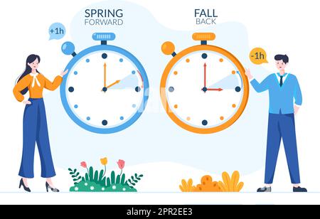 Ora legale Cartoon piano disegnato a mano Illustrazione con sveglia o calendario Dall'estate alla primavera progettazione in avanti Illustrazione Vettoriale