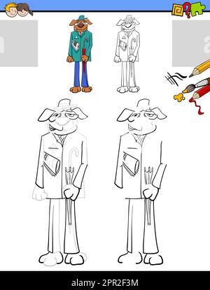 disegno e compito di colorazione con personaggio comico cane Illustrazione Vettoriale