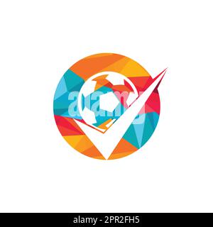 Controllare il design del logo del vettore di calcio. Pallone da calcio e logo con l'icona del segno di spunta. Illustrazione Vettoriale