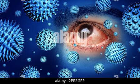 Allergie ai pollini sintomi e allergia stagionale o allergia al raffreddore da fieno e concetto medico come un gruppo di particelle microscopiche come congiuntivite oculare Foto Stock