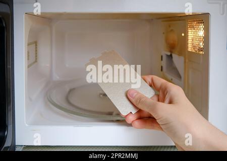 Riparazione di un forno a microonde frizzante sostituendo la piastra di mica.  Forno a microonde rotto con foglio di mica autosostituto Foto stock - Alamy