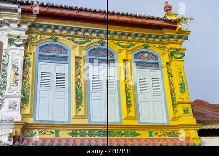 Editing di foto, correzione del colore, prima e dopo, Foto a metà del processo di editing, oppure ritocco, luminosità e saturazione Foto Stock