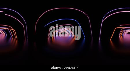 panorama completo a 360 gradi dei raggi al neon dell'ambiente luminoso Foto Stock