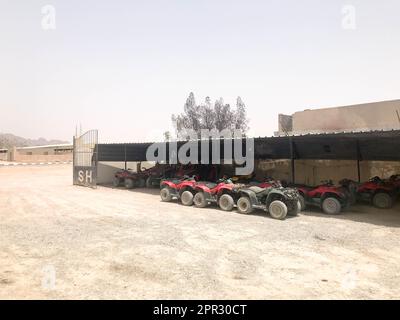 Molti ATV a quattro ruote a trazione integrale, veloci e veloci, motociclette nel deserto sabbioso e caldo su un motosafe, rally contro le alte montagne. 05/ Foto Stock