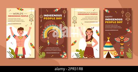 World Indigenous Peoples Day Social Media Stories Template Hand Drawed Cartoon Flat Illustration Illustrazione Vettoriale