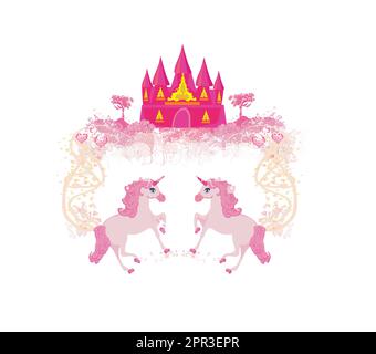 Paesaggio da fiaba con rosa magic castle e unicorns Illustrazione Vettoriale