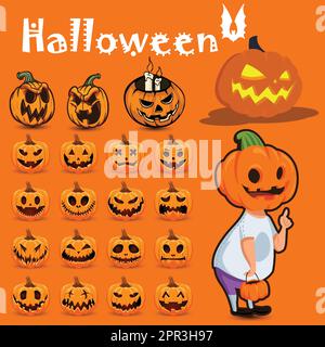 Set di illustrazioni di spaventosa zucca di Halloween Illustrazione Vettoriale