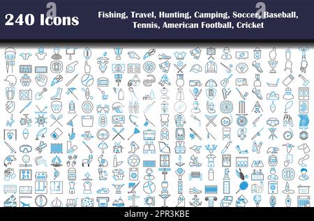 240 icone di pesca, Viaggi, Caccia, Campeggio, Calcio, Baseball, tennis, football americano, cricket Illustrazione Vettoriale