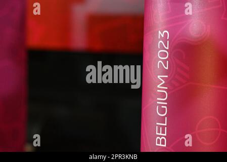 Tubize, Belgio - Aprile 26 : immagine illustrativa che mostra il nome del Belgio 2023 durante il torneo UEFA European Women’s Under-19 Championship 2022/23 Final Tournament Draw al Royal Belgian Football Associaton base Camp il 26 Aprile 2023 , a Tubize, Belgio. Foto di Sportpix | David Catry Foto Stock