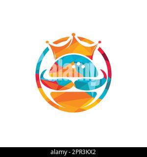 Burger King logo design vettoriale. Burger con logo con corona e baffi. Illustrazione Vettoriale