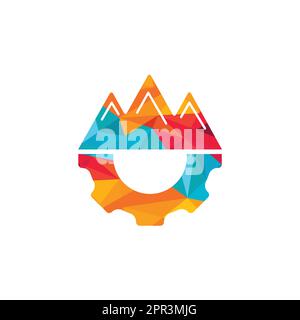Design vettoriale del logo Mountain Gear. Natura e simbolo meccanico o icona. Illustrazione Vettoriale