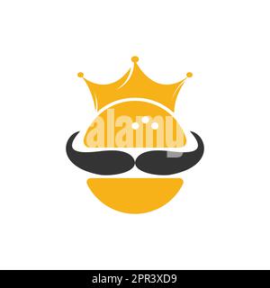 Burger King logo design vettoriale. Burger con logo con corona e baffi. Illustrazione Vettoriale