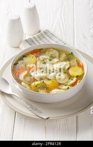 Zuppa di gnocchi con verdure e brodo di pollo chiaro primo piano in un piatto sul tavolo. Verticale Foto Stock