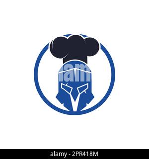 Modello di design del logo vettoriale dello chef Spartan. Logo minimal di chef guerriero con illustrazione vettore cappello chef. Illustrazione Vettoriale