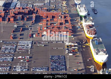 Terminal auto e terminal container al porto di Anversa, vista aerea, Belgio, Anversa Foto Stock