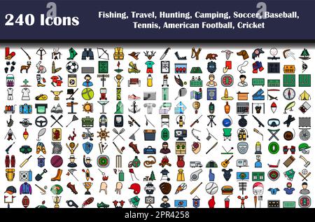 240 icone di pesca, Viaggi, Caccia, Campeggio, Calcio, Baseball, tennis, football americano, cricket Illustrazione Vettoriale