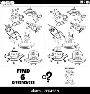 differenze gioco con cartoon aliens colorazione pagina Illustrazione Vettoriale