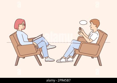 Uomo che parla con psicologo durante la sessione Illustrazione Vettoriale