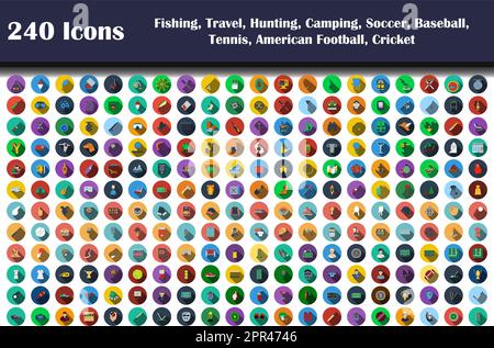 240 icone di pesca, Viaggi, Caccia, Campeggio, Calcio, Baseball, tennis, football americano, cricket Illustrazione Vettoriale