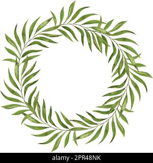 Acquerello cornice rotonda in foglie. Cornice a forma di cerchio, per la progettazione di biglietti d'auguri per matrimoni, poster Foto Stock