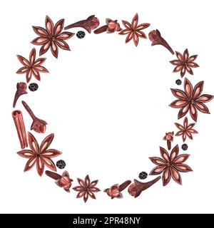Acquerello cornice di spezie per la progettazione di ricette, pagine di libri di cucina, scrapbooking, cartoline, iscrizioni. Cornice circolare dalle spezie. Cibo sfondo. Foto Stock