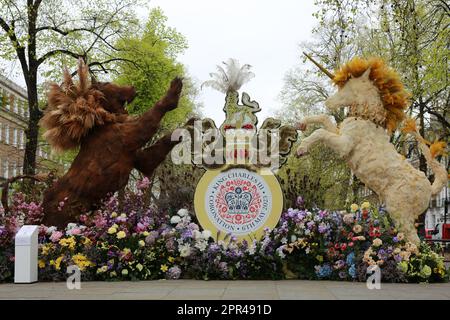 Londra, Regno Unito. 26 aprile 2023. Imponente decorazione floreale per l'incoronazione di Re Carlo III sulla famosa King's Road a Chelsea. Credit: Waldemar Sikora/Alamy Live News. Foto Stock