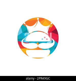Burger King logo design vettoriale. Burger con logo con corona e baffi. Illustrazione Vettoriale