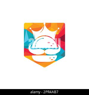 Burger King logo design vettoriale. Burger con logo con corona e baffi. Illustrazione Vettoriale