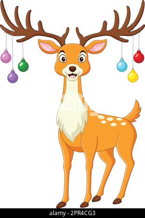 Carino cartone animato di cervo con palle di natale sulle corna Illustrazione Vettoriale