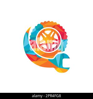 Disegno del logo vettoriale del negozio di riparazione pneumatici. Design a icona con chiave e pneumatico. Illustrazione Vettoriale