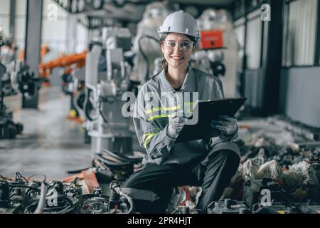 Ingegnere donna lavoro di squadra in Machine Robotic Modern Automation Industry. Impiegato del personale meccanico in fabbrica di metallo. Foto Stock