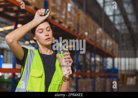 Stanco stress donna personale sudore da caldo tempo in estate lavorando in magazzino merci trasporto di merci logistica industria. Foto Stock