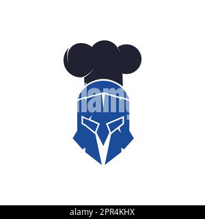 Modello di design del logo vettoriale dello chef Spartan. Logo minimal di chef guerriero con illustrazione vettore cappello chef. Illustrazione Vettoriale
