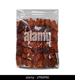 Orsetto gommoso Spicy-Chili chamoy in astuccio trasparente isolato su sfondo bianco vista dall'alto dettagli di alta qualità, rendering 3D Foto Stock