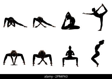 Donna che fa yoga asana poster. Silhouette da yoga. Lo yoga pone. Yoga fitness. Allungare le pose. Isolare. Foto Stock