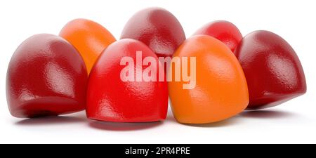 Multivitamin gommie rosso, arancione e viola isolato su sfondo bianco, dettagli di alta qualità rendering 3D Foto Stock