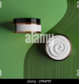 Open-Close crema cosmetica in vaso su sfondo verde - rendering 3D Foto Stock