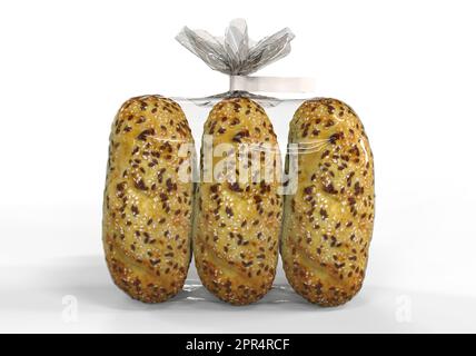 Confezione da sei sacchetti per pane in foglio trasparente isolato su sfondo bianco dettagli di alta qualità.3D rendering Foto Stock