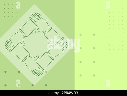 Quattro mani che disegnano insieme il braccio di supporto mostrando il simbolo di collegamento. Connected Arms Design tiene i polsi visualizzati cooperazione Teamwork strong Bond. Illustrazione Vettoriale