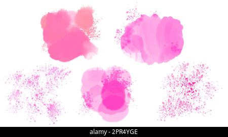 Una serie di macchie colorate in acquerello. Macchie di acqua rosa su sfondo bianco. Foto Stock