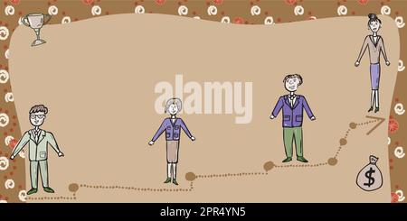 Business Team in piedi sulla scala per il successo con Trophy e Money Bag sui lati. Uomini d'affari e donne d'affari che presentano un importante messaggio per lo sviluppo. Illustrazione Vettoriale