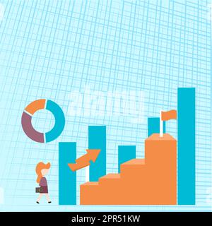 Donna di affari che cammina verso il grafico grande che mostra la prestazione. Lady andando a un grafico di successo finanziario in uniforme. Illustrazione Vettoriale