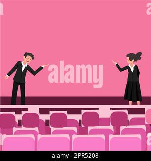 I leader aziendali professionisti che indossano abiti formali parlano. Modello di ruolo colleghi fase di orientamento di pubblico parlare. Fase di dibattito maschile e femminile. Illustrazione Vettoriale