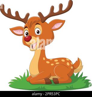 Cartoon carino cervo seduto in erba Illustrazione Vettoriale